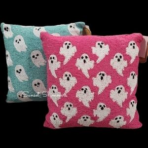 2pc 14" Halloween Sparkly Beaded Aqua & Pink Ghost Throw Pillow Set New